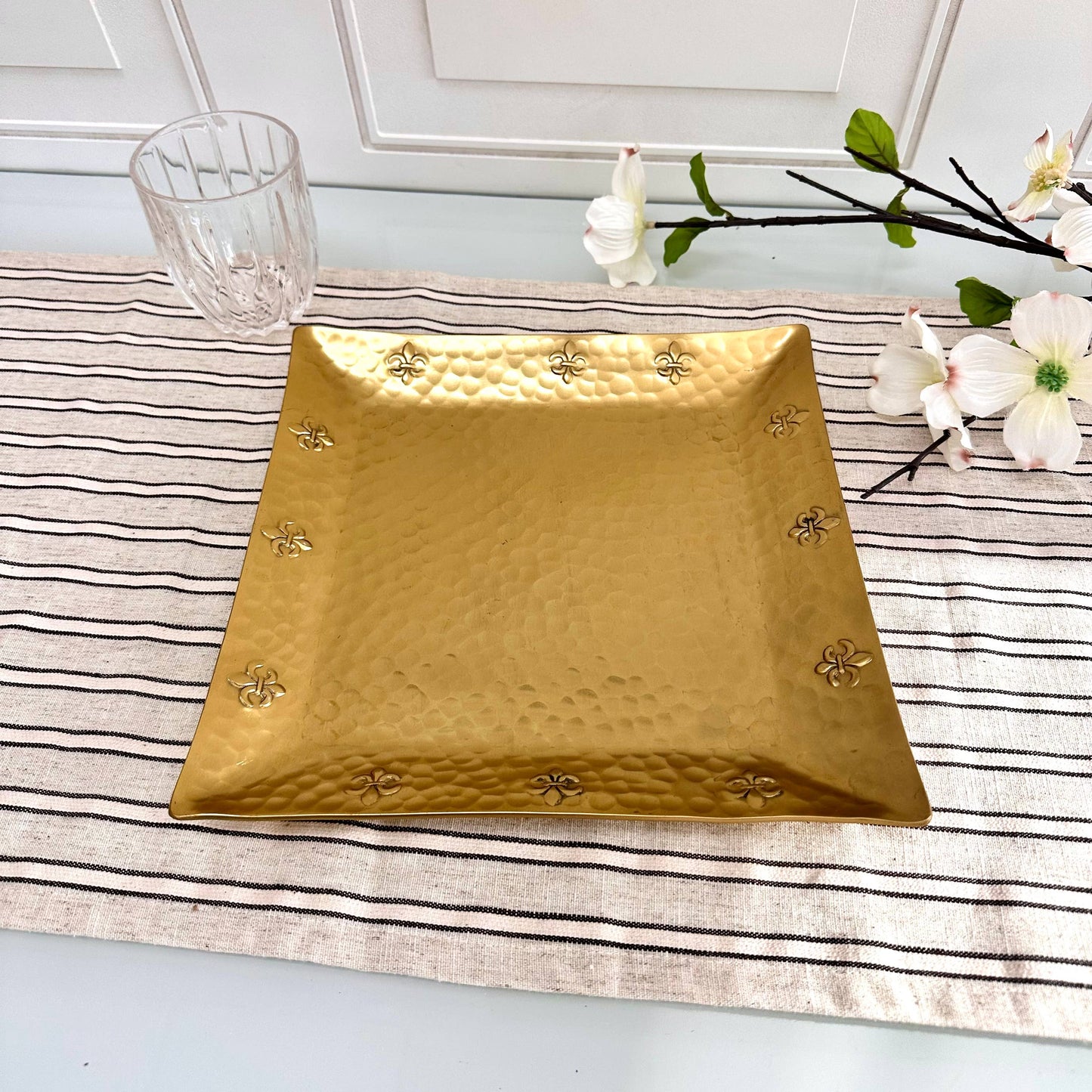 10" Gold Hammered Fleur de Lis Border Square Tray