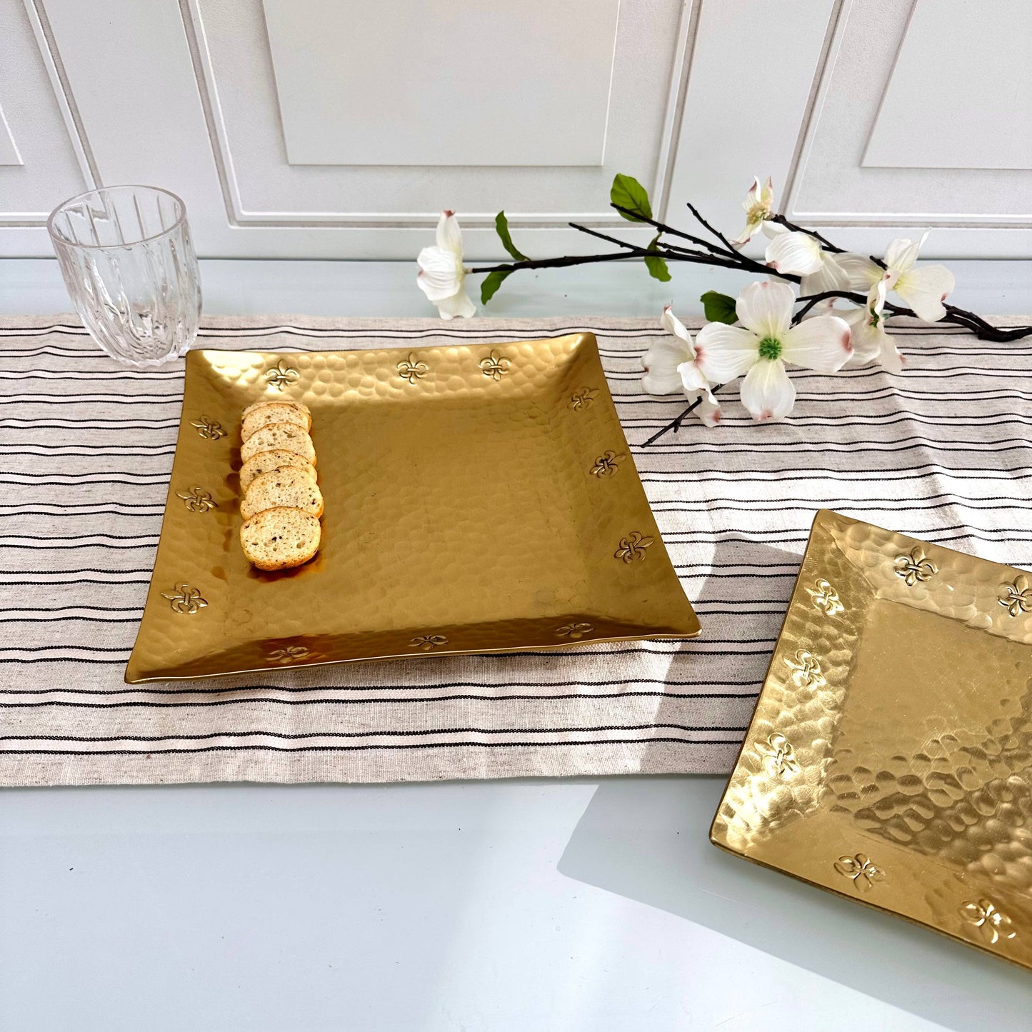 10" Gold Hammered Fleur de Lis Border Square Tray