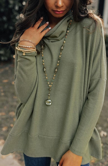 Green Cowl Neck Loose Fit Tunic Top