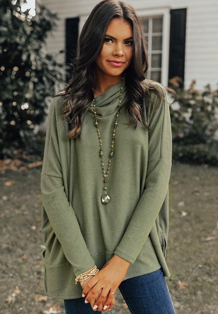 Green Cowl Neck Loose Fit Tunic Top
