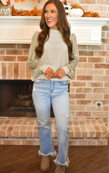 Leopard Print Long Sleeve Ribbed Knit Blouse