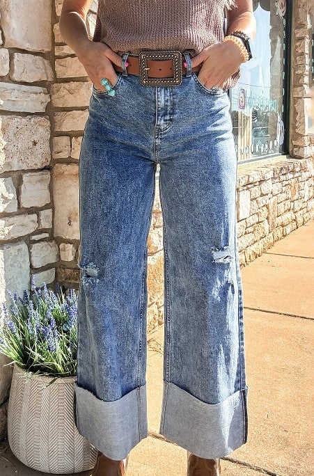Ashleigh Blue Mineral Wash Distressed Wide Leg Jeans
