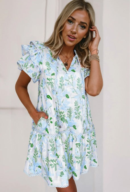 Sky Blue Floral Contrast Edge Ruffle Sleeve Tie Neck Mini Dress