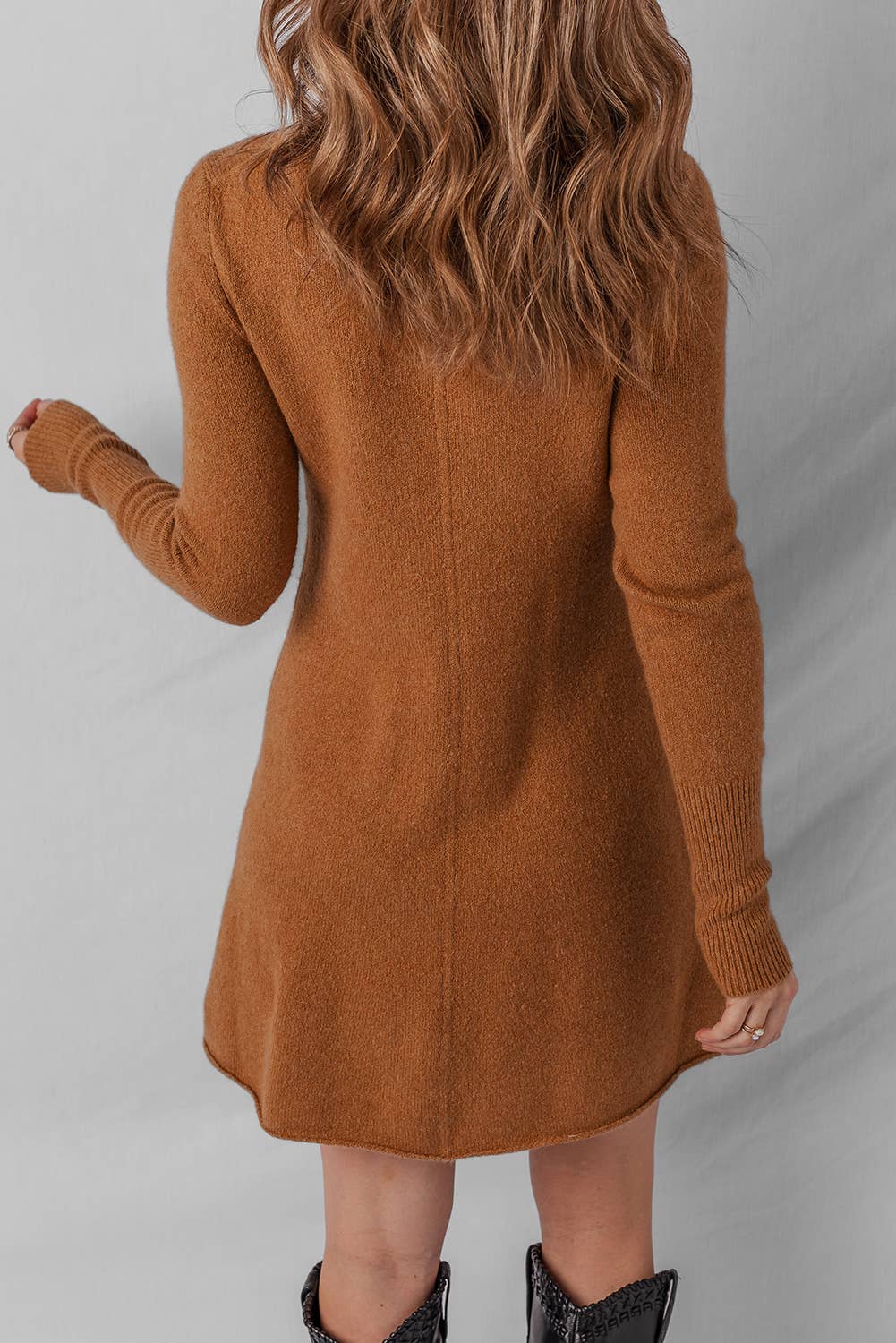Ribbed Detail Solid Color Mini Sweater Dress