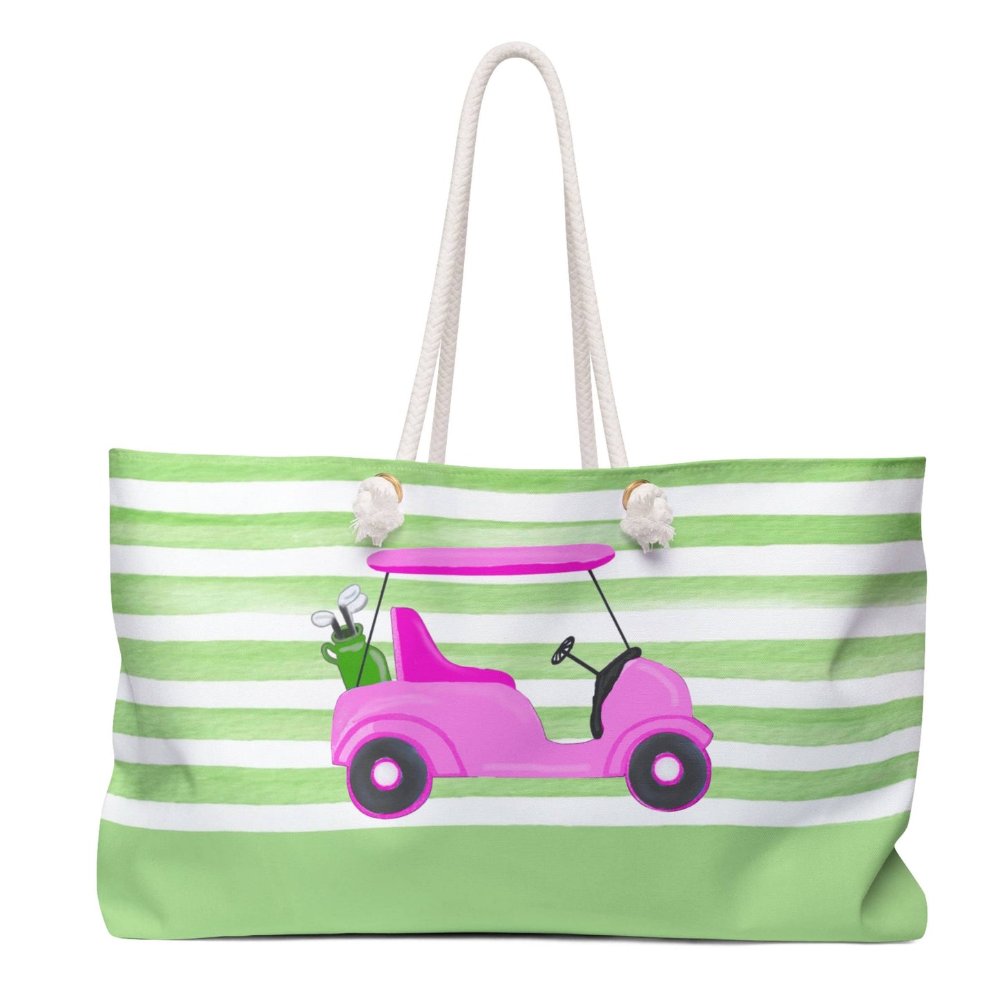 Weekender Tote Bag - Green Stripes w Pink Golf Cart
