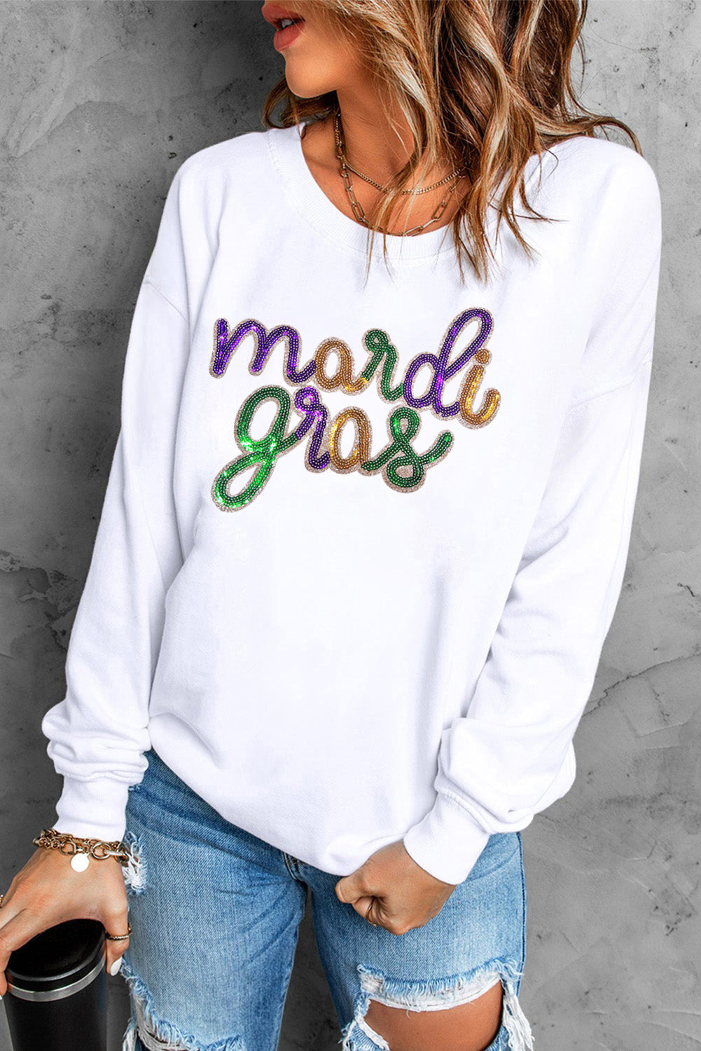 Sequined Mardi Gras Graphic Sweatshirt