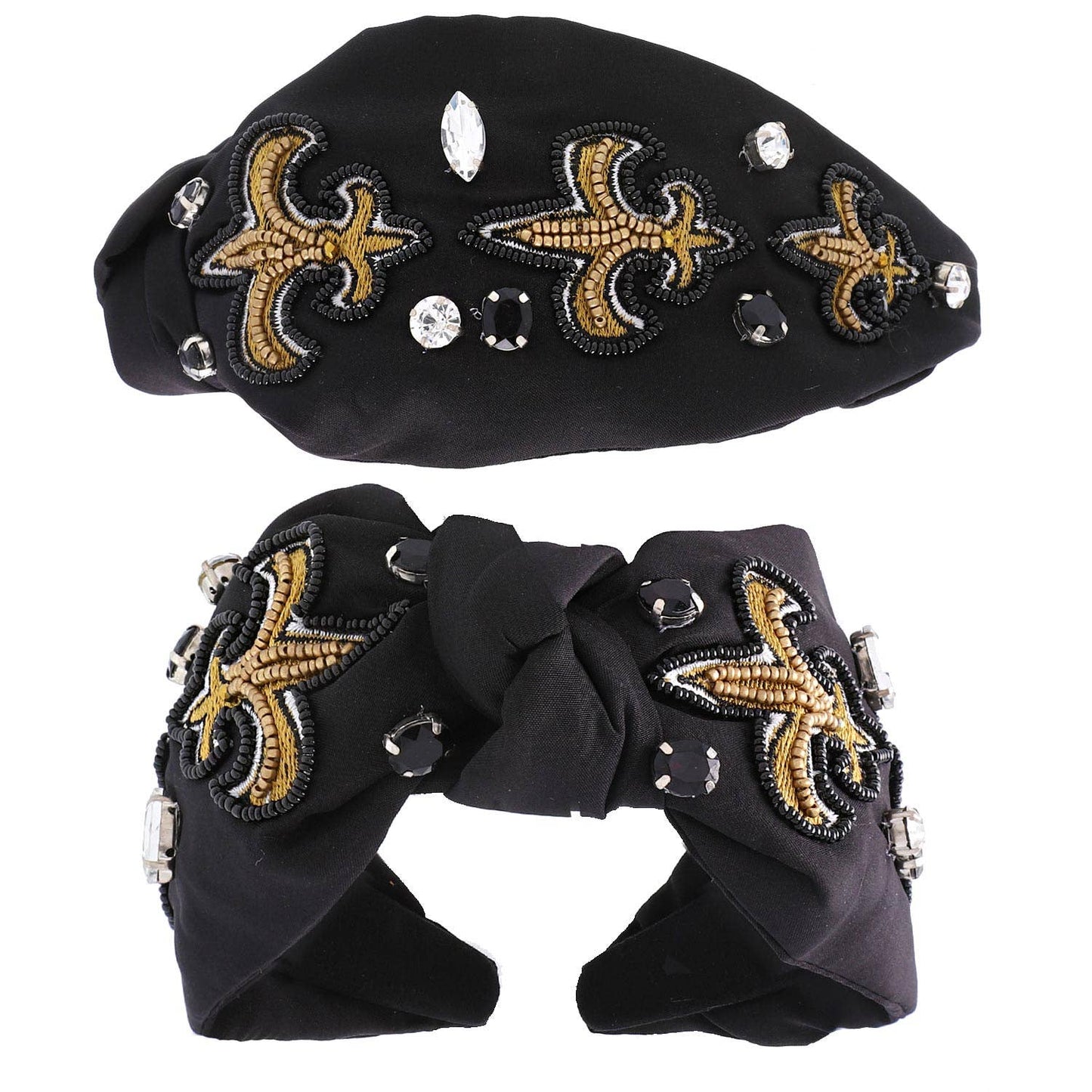 Fleur de lis (Saints) Jeweled Beaded Knot Headband