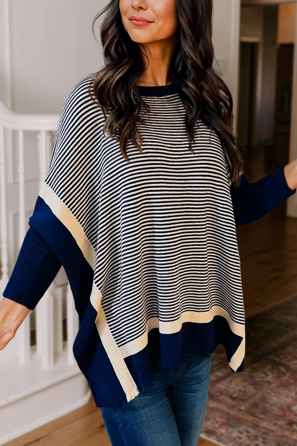 Stripe Colorblock Patch Dolman Tunic Sweater