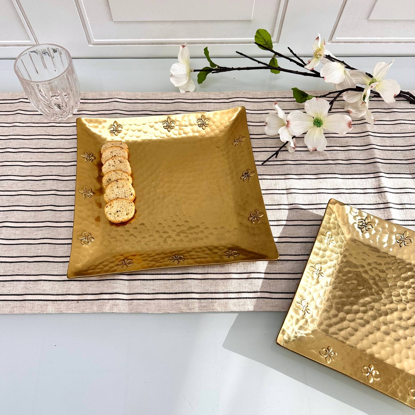 10" Gold Hammered Fleur de Lis Border Square Tray