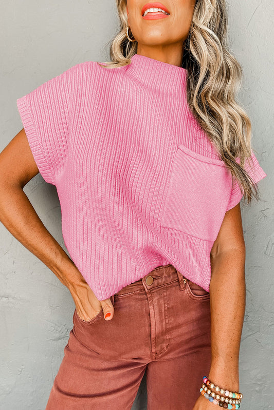 Pink Pocket Ribbed Knit Sweater