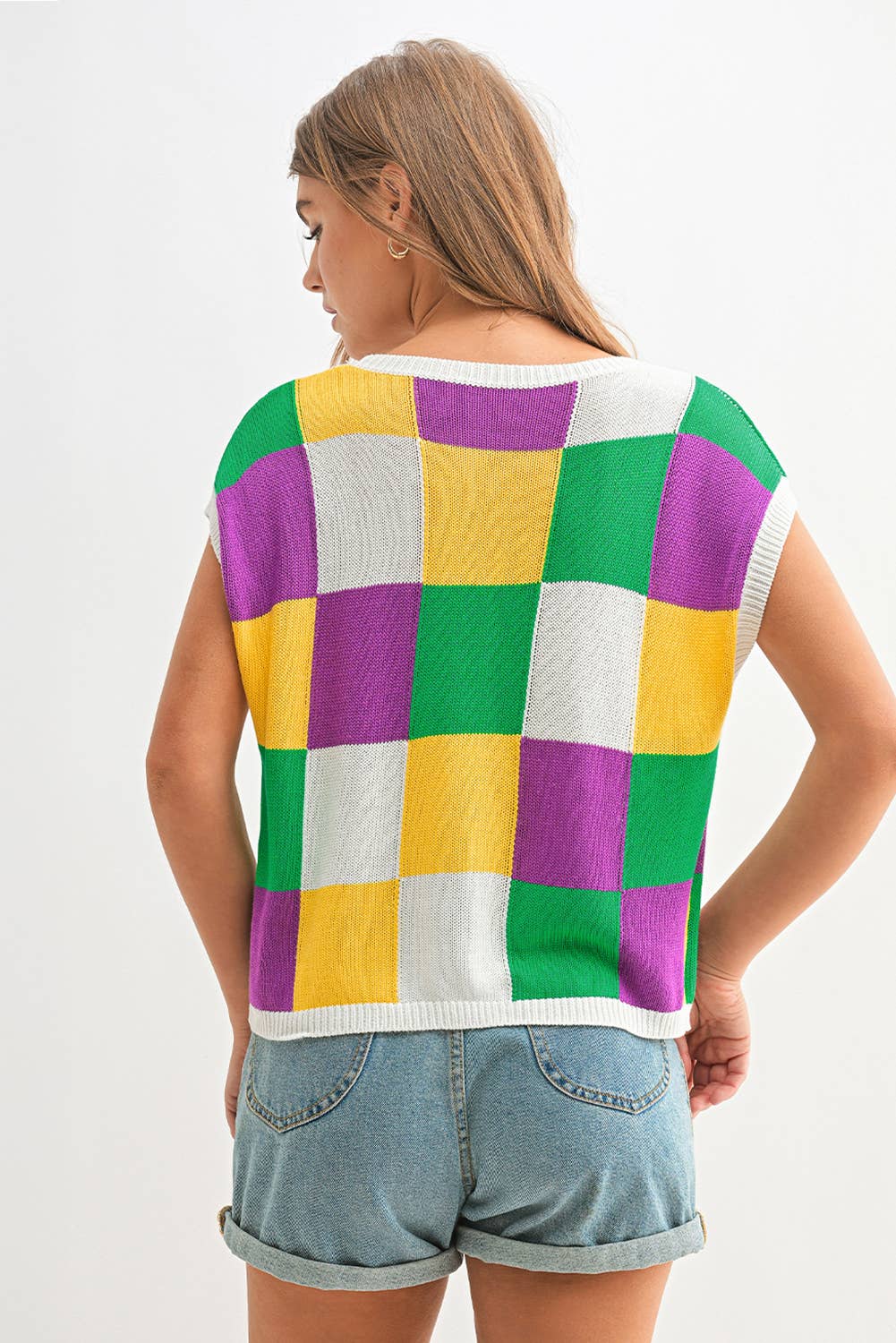 Mardi Gras Colorblock Cap Sleeve Knitted Sweater Top