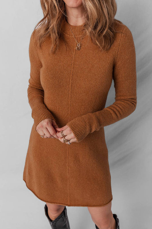 Ribbed Detail Solid Color Mini Sweater Dress