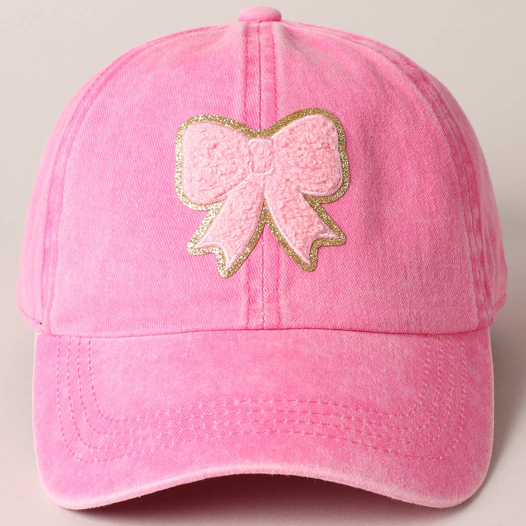 Fuzzy Pink Bow Patch Cotton Baseball Cap