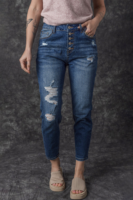 Distressed Button Fly High Waist Skinny Jeans