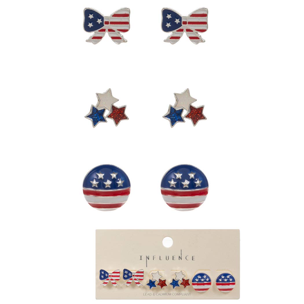US Flag Print Bow Stars Post Earrings Set