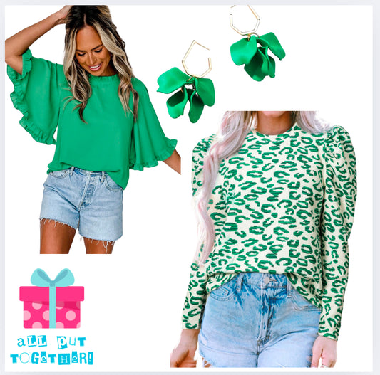 Green Leopard Print Puff Sleeve Sweater