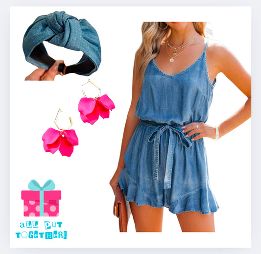 Spaghetti Straps V Neck Belted Ruffled Leg Chambray Romper