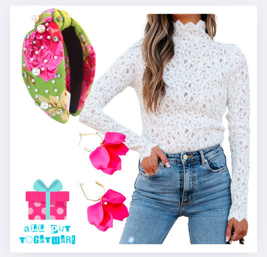 Flower Lace See Through Mock Neck Top