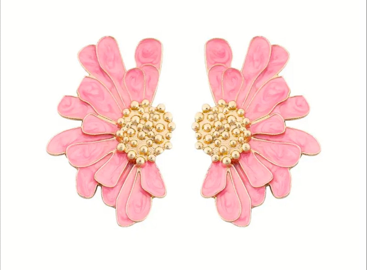 Floral Enamel Stud Earrings - Pink