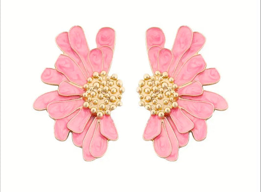 Floral Enamel Stud Earrings - Pink