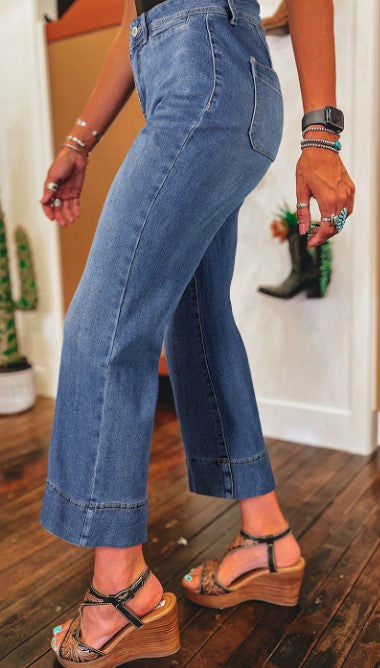 Mineral Wash High Waist Bell Bottom Crop Jeans