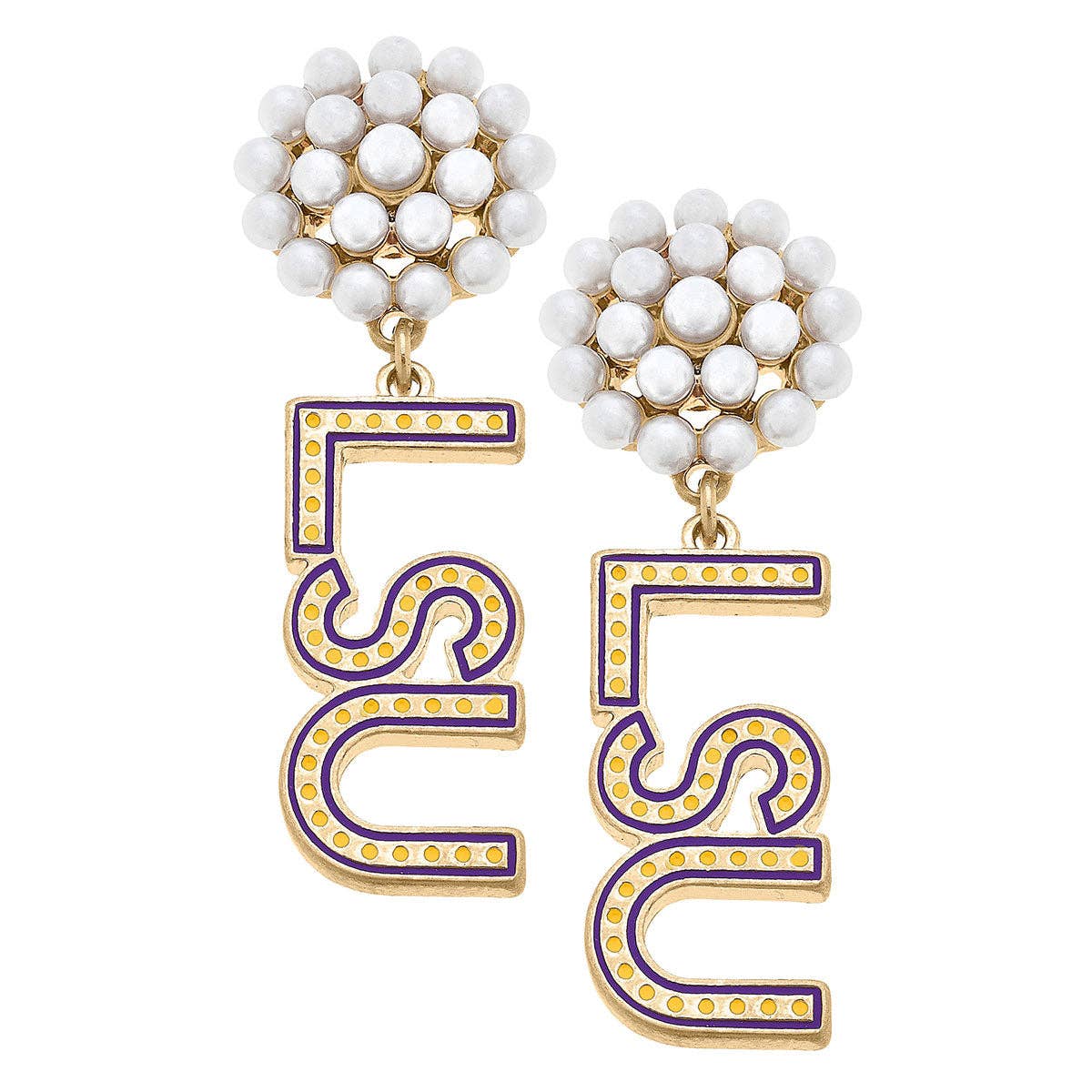 LSU Tigers Pearl Cluster Dotted Enamel Drop Earrings in Yell