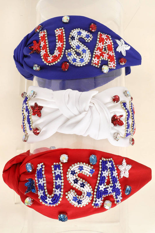 USA Patriotic Lettering Jeweled Beaded Headband