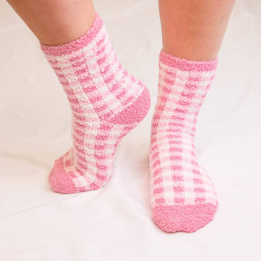 Pink Gingham Cozy Socks   Pink/White   One Size