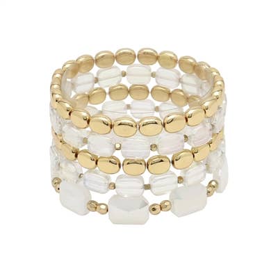 White Iridescent Glass Crystal and Gold Set of 5 Bracelets