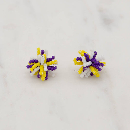 Pom Pom Stud Earrings    Purple/Yellow/White   1"