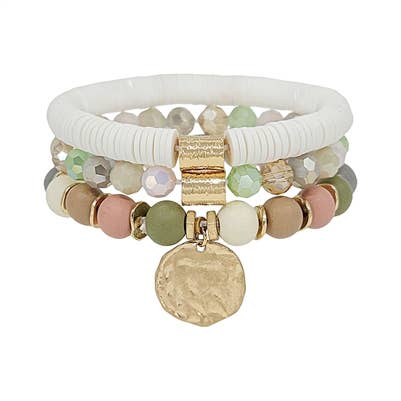 Multi Wood, Rubber, and Crystal Gold Charm Set of 3 Bracelet